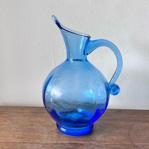 Vintage MCM Hand Blown Teal Blue Glass Pitcher 8”